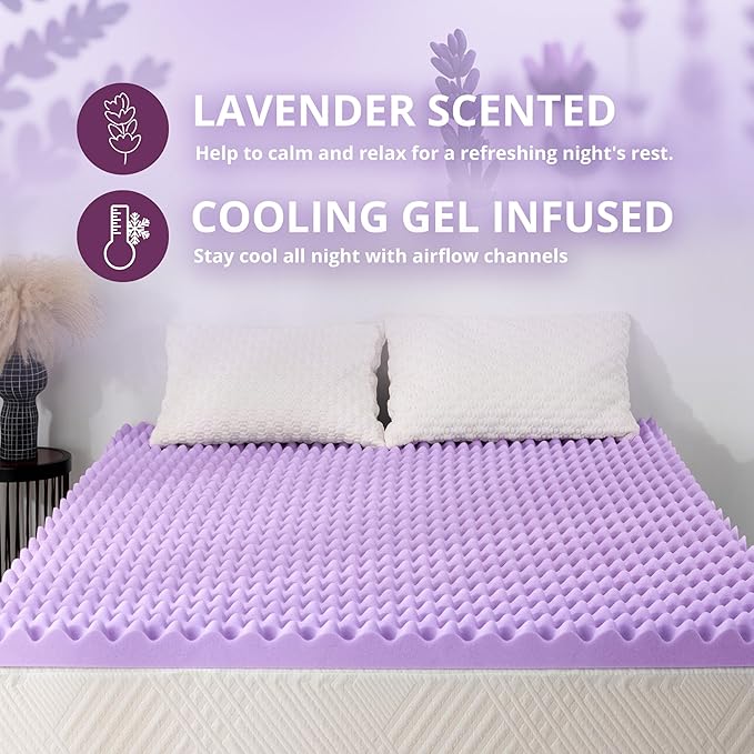 2 Inch Egg Crate Full Memory Foam Mattress Topper, Lavender Scent Gel Infused Foam Mattress Topper for Pressure Relief, CertiPUR-US Certified Full Bed Topper, Purple, 54"×75"