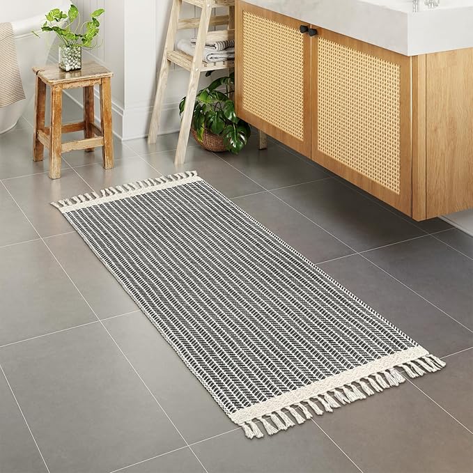 Lahome Boho Bathroom Runner Rug, 2x5 Laundry Room Washable Rugs for Entryway Cotton Grey Area Mat with Tassels, Farmhouse Throw Mats Non Shedding Carpet Runner for Hallway Door