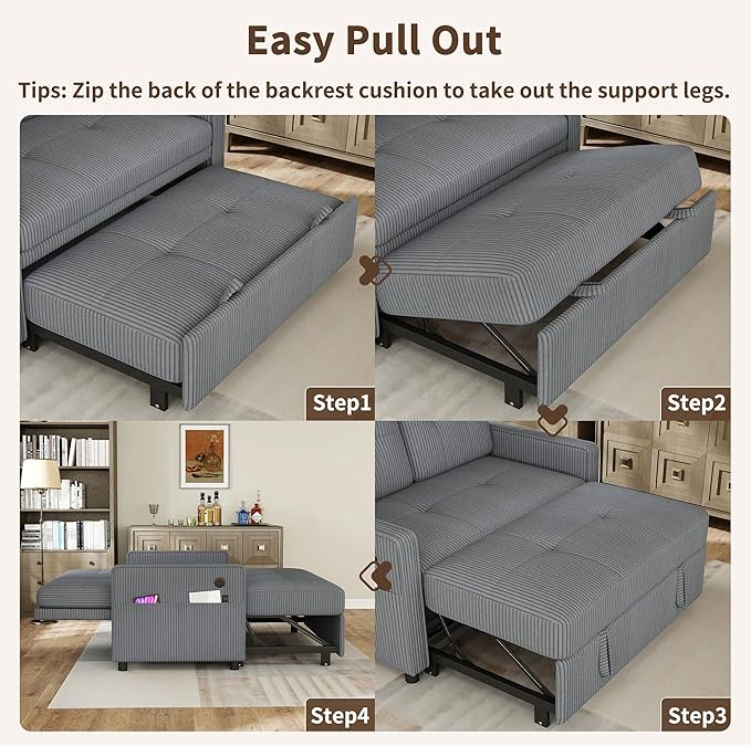3 in 1 Convertible Sleeper Sofa Bed, Pull Out Couch with Charging Station, Corduroy Small Loveseat Sleeper Sofa with Adjustable Backrest for Apartment, Bedroom, Small Space（Dark Grey）
