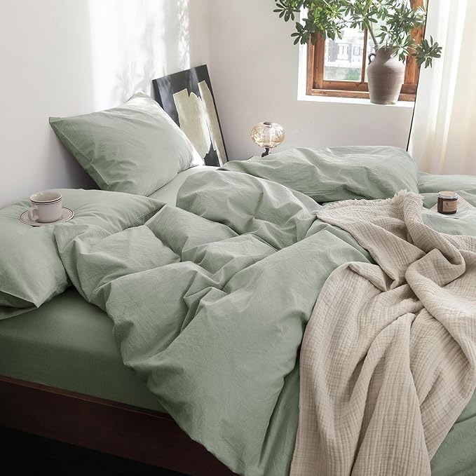 FOSSA Duvet Cover Set 100% Washed Cotton Linen Feel Super Soft Breathable Cozy 3 Pieces Bedding Sets Solid Sage Green California King