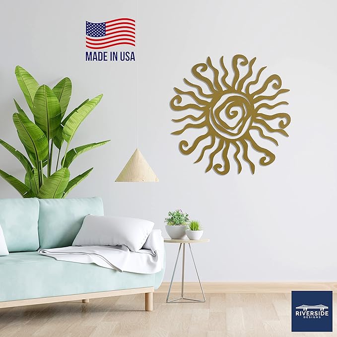 Riverside Designs Wacky Sun Metal Wall Art Indoor/Outdoor Decor - 12" Gold Rust Proof Wall Sculpture - Made in USA - Ideal for Bedroom, Garden, Home, Patio and Farmhouse