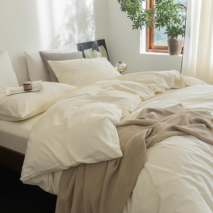 FOSSA Duvet Cover Set 100% Washed Cotton Linen Feel Super Soft Breathable Cozy 3 Pieces Bedding Sets Solid Cream White King