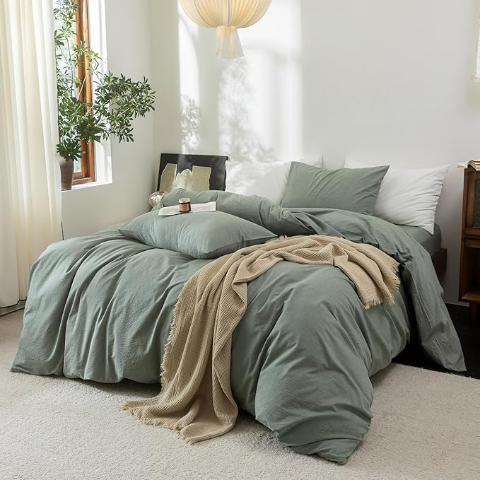 FOSSA Duvet Cover Set 100% Washed Cotton Linen Feel Super Soft Breathable Cozy Simple Style 3 Pieces Bedding Sets Solid Heathered Green Queen