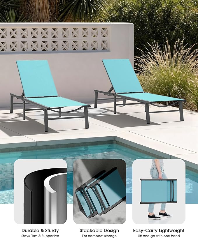 Ciokea Upgraded Aluminum Outdoor Lounge Chair - No Assembly Needed, Foldable Patio Chaise Lounge with 5 Adjustable Positions, Reinforced Frame for Extra Durability, Pool Beach Lounge Chair,Lake Blue