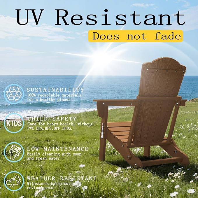 Adirondack Chair Set of 4, Folding All-Weather Outdoor HDPE Patio Chair with Cup Holder, Wood