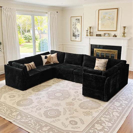 Large 7 Seat Modular Sectional Sofa with Ottoman Seat Corduroy Sleeper Sectional Sofa Bed Oversized Convertible Modular Couch for Living Room