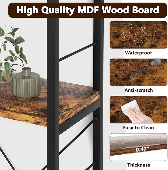 7-Tier Corner Bookshelf, Reversible Wooden Shelves, Industrial Bookcase with Open Shelves and Sturdy Metal Frame, Display Shelf Storage Rack for Living Room, Bedroom, Home Office (Rustic Brown)