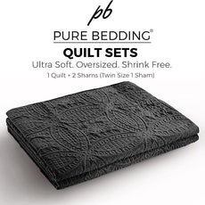 Pure Bedding Quilt Set King/Cal King/California King Size Black - Oversized Bedspread - Soft Microfiber Lightweight Coverlet for All Season - 3 Piece Includes 1 Quilt and 2 Shams, Geometric Pattern