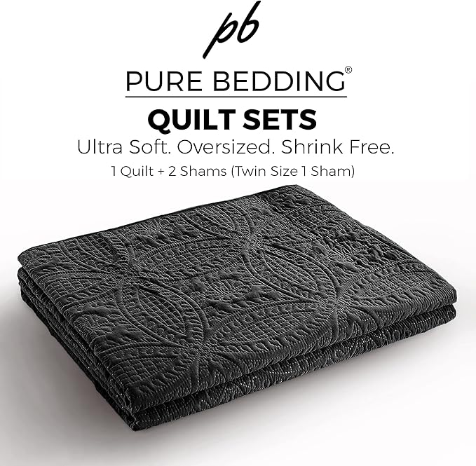 Pure Bedding Quilt Set King/Cal King/California King Size Black - Oversized Bedspread - Soft Microfiber Lightweight Coverlet for All Season - 3 Piece Includes 1 Quilt and 2 Shams, Geometric Pattern