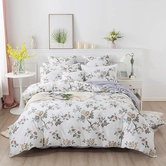 FADFAY Duvet Cover Set Full Elegant Floral Bedding Shabby Beige Bird Print Flower Quilt Cover Set Vintage Farmhouse Bedding 100% Cotton Soft Comforter Cover Set with Zipper Closure 3Pcs, Full Size