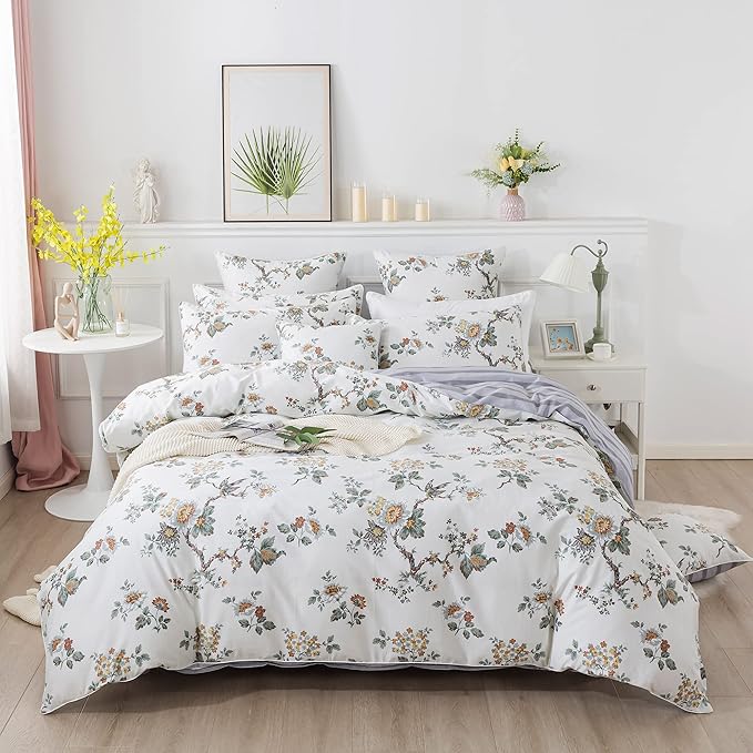 FADFAY Duvet Cover Set Queen Elegant Floral Bedding Shabby Beige Bird Print Flower Quilt Cover Set Vintage Farmhouse Bedding 100% Cotton Soft Comforter Cover Set with Zipper Closure 3Pcs, Queen Size
