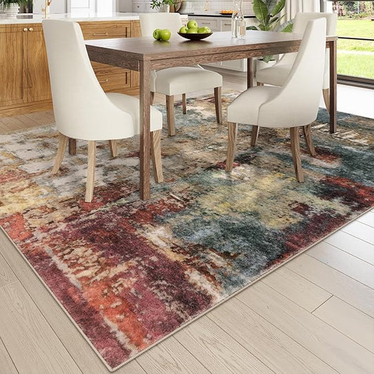 Lahome Modern Abstract 10x14 Area Rugs for Living Room, Large Washable Living Room Rug Low Pile Non Slip, Soft Accent Carpet for Bedroom Dining Room Table Home Decor Use, Red/Multi