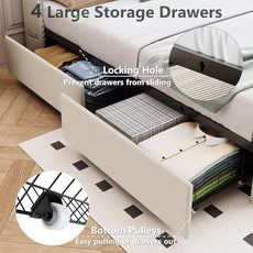 Queen Size Bed Frame with 4 Drawers and Storage Headboard, Upholstered Button Tufted Platform Bed Queen with Led Lights and Charging Station, No Box Spring Needed, Easy Assembly, Noise Free, Beige