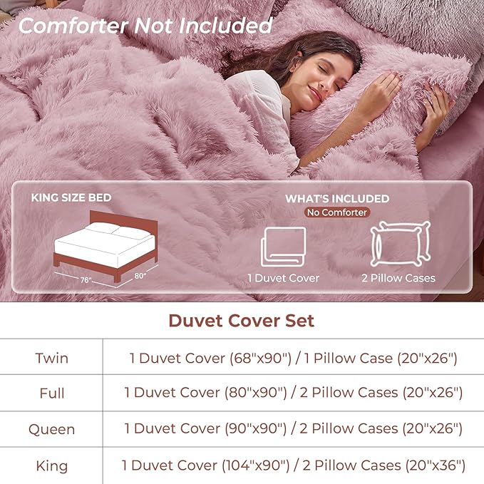 Sasttie 3-Piece Fluffy Duvet Cover King, Ultra Soft Faux Fur and Velvet Dusty Rose Comforter Cover, Luxury Fuzzy Bedding Sets for Winter Bed, Includes 1 Duvet Cover and 2 Pillowcases, No Comforter