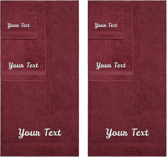 Personalized Towels, Hotel & Spa Quality, Super Soft, Highly Absorbent, Bathroom Sets, 100% Cotton Monogrammed towels 6 Piece Towel Set, Includes 2 Bath Towels, 2 Hand Towels, 2 Washcloths, Burgundy