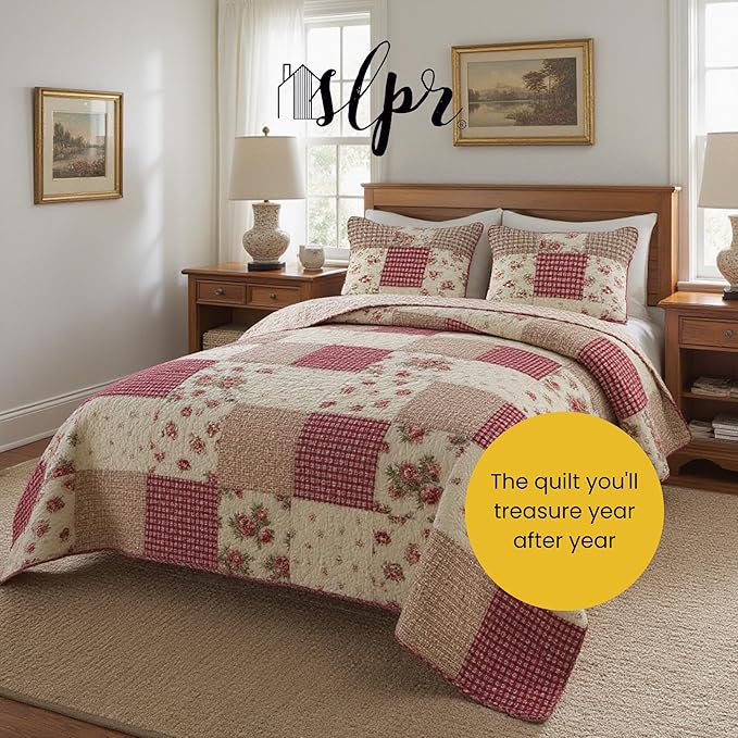 SLPR Country Roses Patchwork Cotton Pieced Quilt Set - Queen Size with 2 Shams, French Country Style Floral Bedding, Red Rose Farmhouse Quilted Bedspread with Flower Pattern