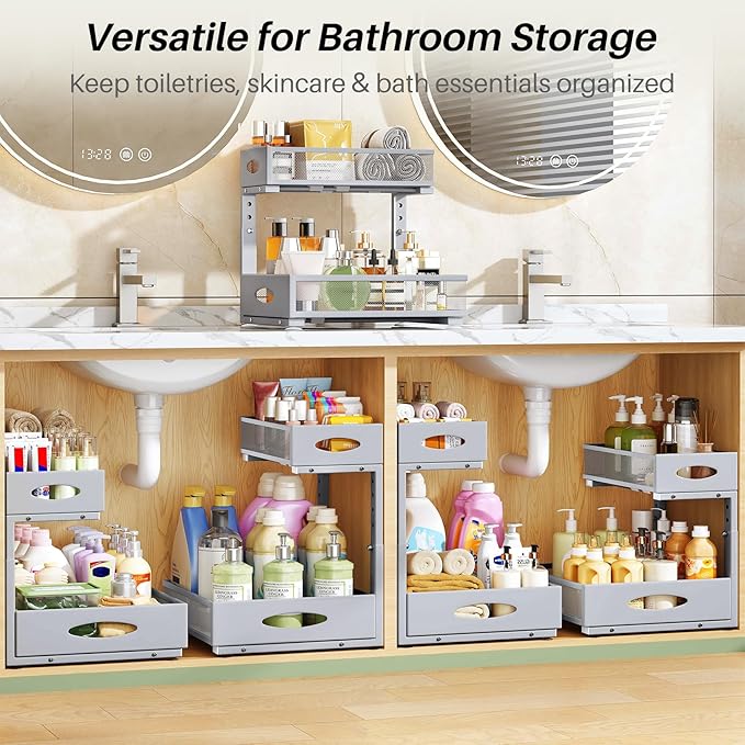 Under Sink Organizer, 2-Pack Pull Out Cabinet Organizer 2 Tier Metal Slide Out Storage Shelf Rack, L-Shaped Adjustable Height,Mesh Sliding Drawer for Kitchen, Bathroom, Laundry, Pantry, Grey, XL