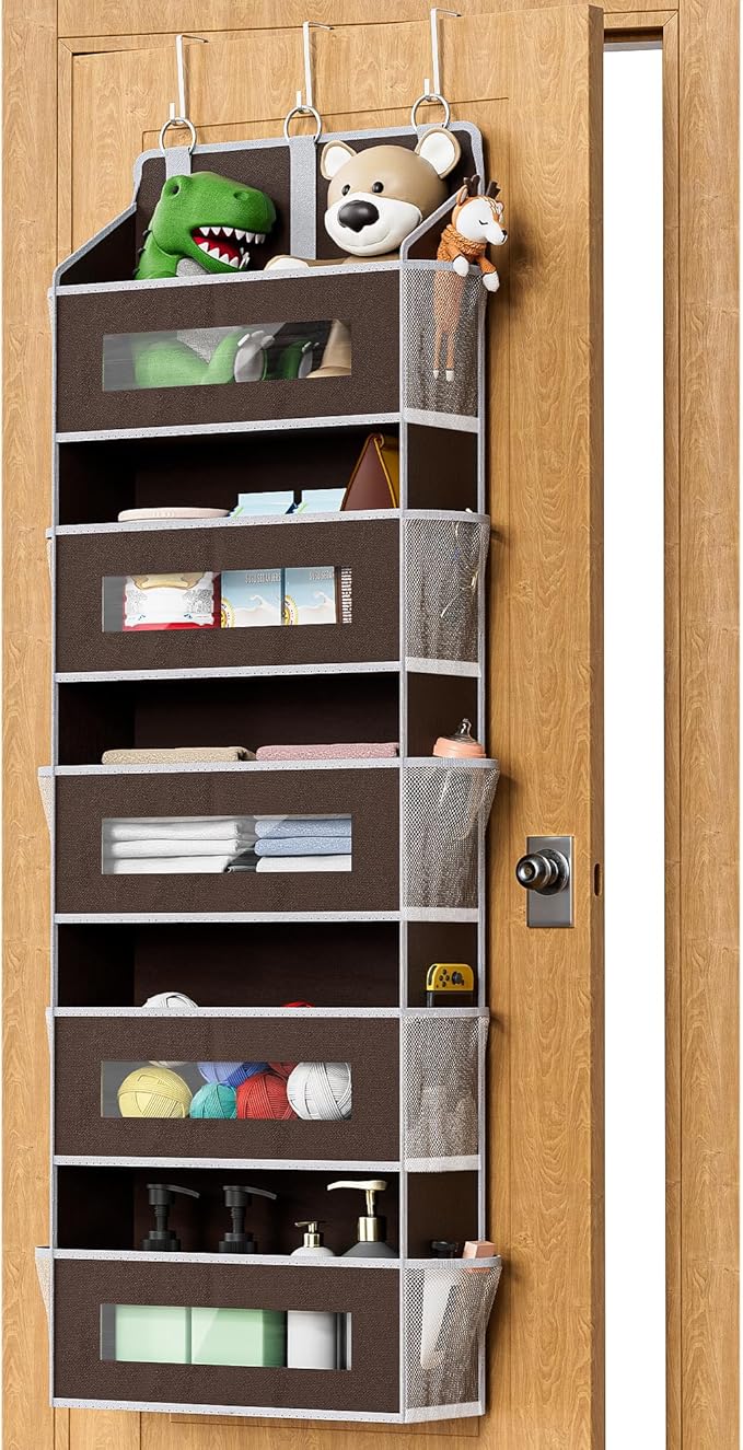 5-Tier Over The Door Storage Organizer with 10 Side Mesh Pockets, 48 lbs Load Capacity, 3 Hooks Design, Door Hanging Organizer with Clear Windows for Bathroom, Bedroom, Nursery, Kitchen-Brown