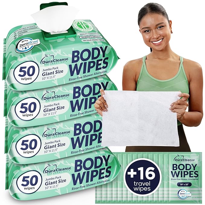 Body Wipes for Women – Sensitive Skin (Gentle Clean) – 4 Pack (200 XL Wipes + 16 Travel Wipes), Extra Moist No Rinse Bathing Wipes, Rinse-Free Shower Alternative for Travel, Gym & Daily Hygiene