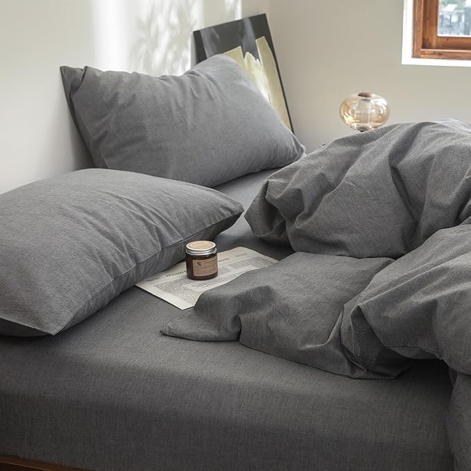 FOSSA Duvet Cover Set 100% Washed Cotton Linen Feel Super Soft Breathable Cozy 3 Pieces Bedding Sets Solid Dark Grey Super Queen