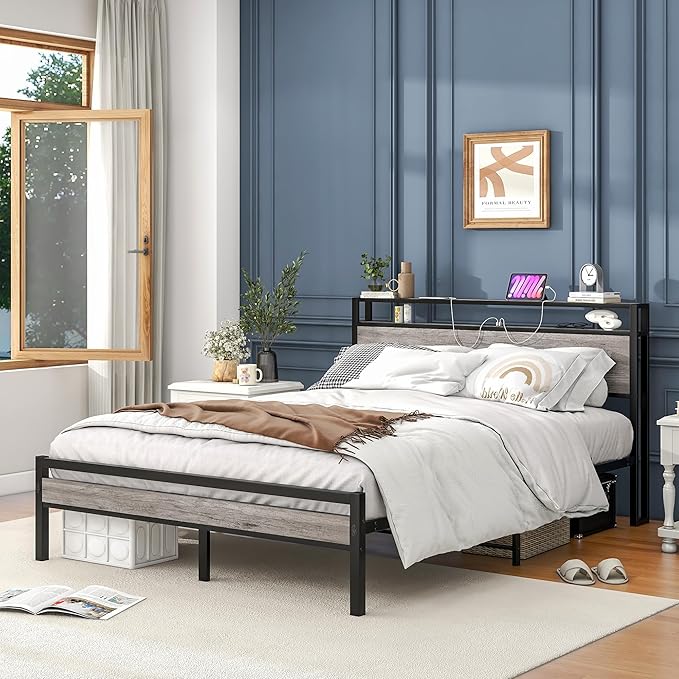 HOJINLINERO Queen Bed Frame with Storage Headboard/Power Outlets/USB Ports Charging Station,Metal Bed Frame Queen Size No Box Spring Needed,Under Bed Storage,Easy Assembly,Warm Grey