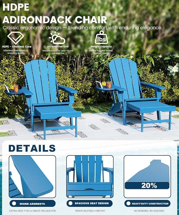 FOOWIN Folding Adjustable Adirondack Chair with Retractable Ottoman Set of 2, HDPE Adirondack Chair w/4 in 1 Cup Holder Trays,All-Weather Resistant Fire Pit Chair for Outdoor Patio Lawn, Pacific Blue