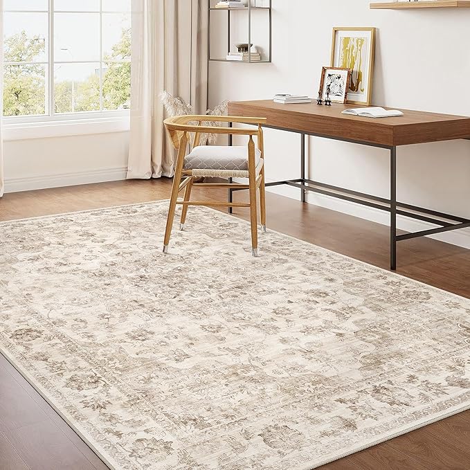 4x5 Washable Neutral Area Rug Beige Vintage Entryway Office Carpet Non-Slip Soft Low Pile Floral Indoor Throw Rug for Living Room Bathroom Dining Room