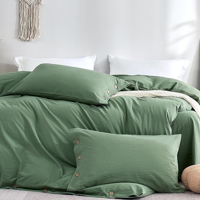 JELLYMONI 100% Washed Cotton Standard Pillowcases Set, 2 Pack Linen-Like Texture Breathable Pillow Covers with Button Closure,Dusty Green Standard 20"×26"(Pillows are not Included)
