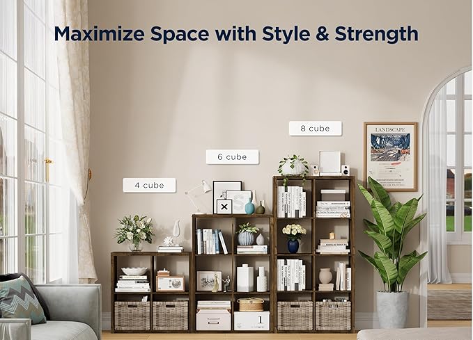 8 Cube Storage Organizer, Cube Shelf with Heavy-Duty Thick Boards, 25.12" L x 9.37" W x 48.74" H, Smooth Easy-Clean Panels, Simple Assembly, for Living Room Bedroom Office, Brown