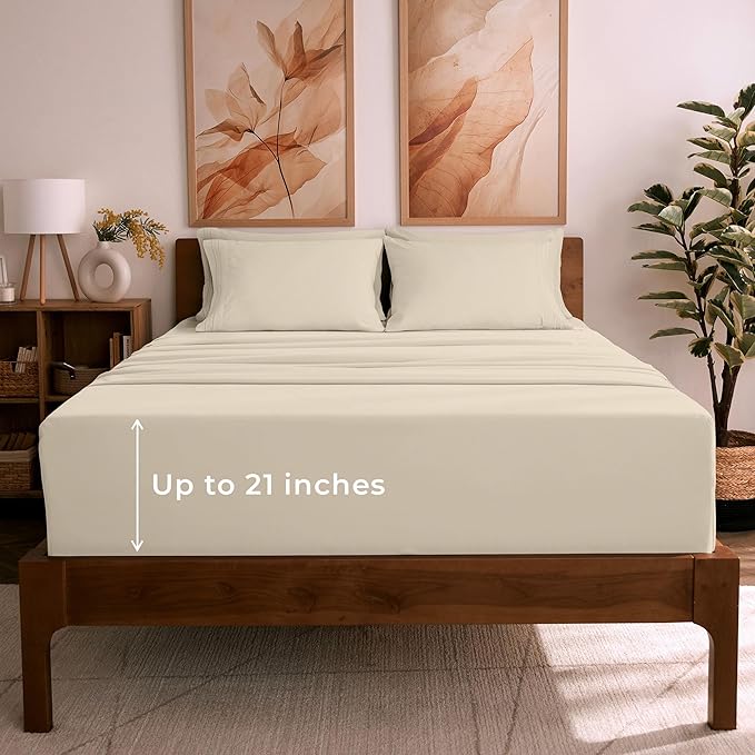 Mellanni California King Sheet Set - 6-Piece Iconic Collection Bedding, (Including 4 Pillowcases), 21-Inch Extra Deep Pocket, Easy Care, Ultra Soft, Cooling Sheets, Brushed Microfiber - Beige