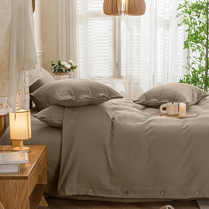 JELLYMONI Cotton Duvet Cover King Size - Khaki Comforter Cover with Button 100% Washed Cotton 3PCS Breathable Soft Solid Bedding Set Duvet Cover 104×90in & 2 Pillowcases (NO Comforter)