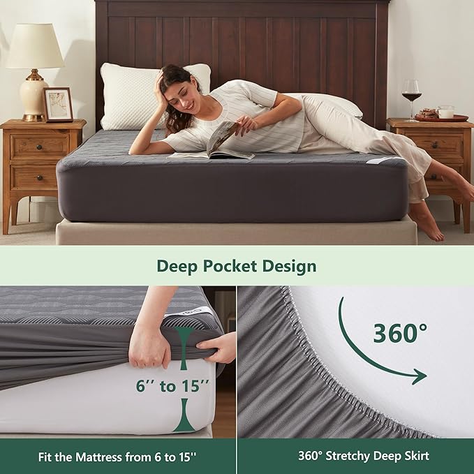 Twin Size Waterproof Mattress Protector, 40% Rayon Derived from Bamboo Grey Mattress Pad Cover, 3D Air Fabric Breathable Mattress Pad Fitted with Deep Pocket 6"- 15" Machine Washable