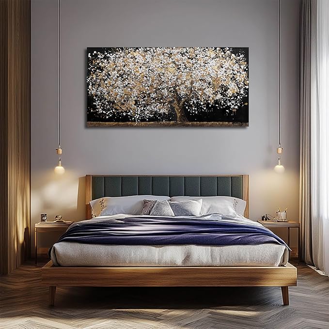 Gold Wall Decor Black Art Tree Wall Art for Living Room Canvas Painting Canvas Pistures Framed Modern Artwork for Home Kitchen 24"x48"