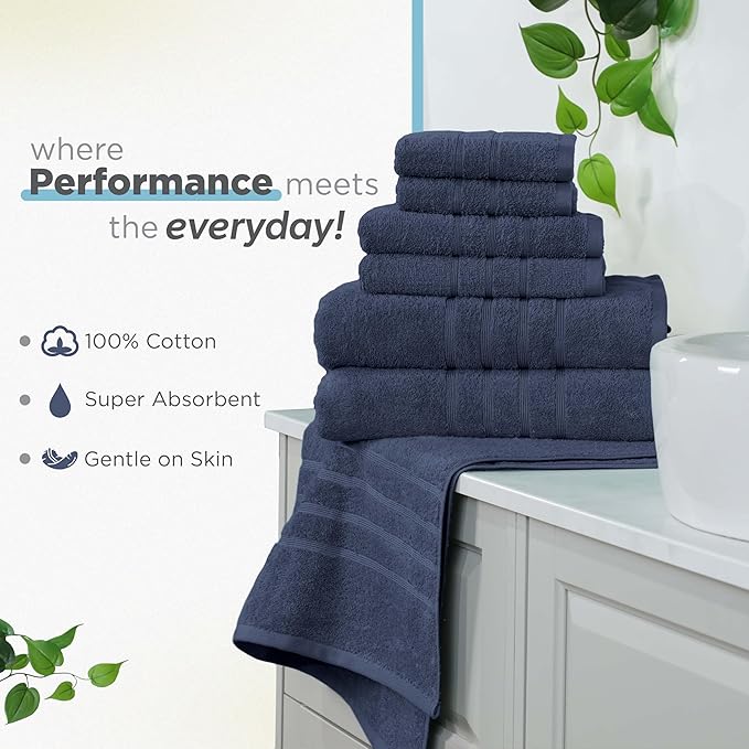 Martex 6-Piece Towel Set – Ultimate Performance – 100% Cotton – 2 Bath Towels – 2 Hand Towels – 2 Wash Cloths – Versatile – Low-Linting – Supersoft & Absorbent Bathroom Set – Easy Care – Estate Blue