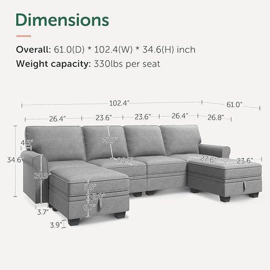 HONBAY Convertible Sectional Sofa with Storage Seat 6 Seat Sofa with Reversible Chaise U Shaped Sectional Couch for Living Room,Light Grey