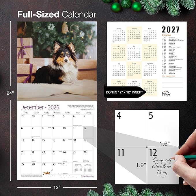 MICASA PRESS Shetland Sheepdogs 2024 Hangable Monthly Wall Calendar | 12" x 24" Open | Thick & Sturdy Paper | Holiday Gift | Cute Sheltie Puppy Dog Calendar 2026