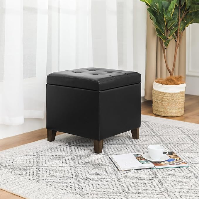 Leather Storage Ottoman with Hinged Lid, Square Foot Rest Stool Tufted Cube Footstool, Black