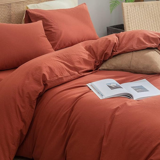BESTOUCH Duvet Cover Set 100% Washed Cotton Linen Feel Super Soft Comfortable Chic Lightweight 3 PCs Home Bedding Set Solid Burnt Brick Red Oversized Full