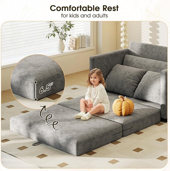 51" Convertible Sofa Bed, 2 in1 Folding Sofa Bed, Loveseat Sleeper Sofa for Small Spaces, Fold Out Floor Couch with 2 Pillows for Apartment, Living Room & Guest Room, Grey Chenille Fabric
