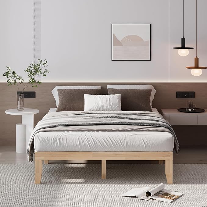 Giantex 14 Inch Queen Wood Platform Bed Frame, Minimalist Mattress Foundation with Solid Rubber Wood, Heavy Duty Slat Support, Without Headboard, Easy Assembly, No Box Spring Needed, Natural