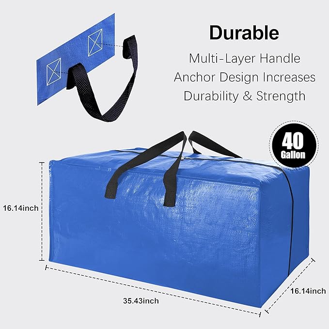 6 Pack Heavy Duty Extra Large Moving Bags W/Backpack Straps - Strong Handles & Zippers, Storage Totes For Space Saving, Fold Flat, Alternative to Box and Bin (40 gal, Multicolor)