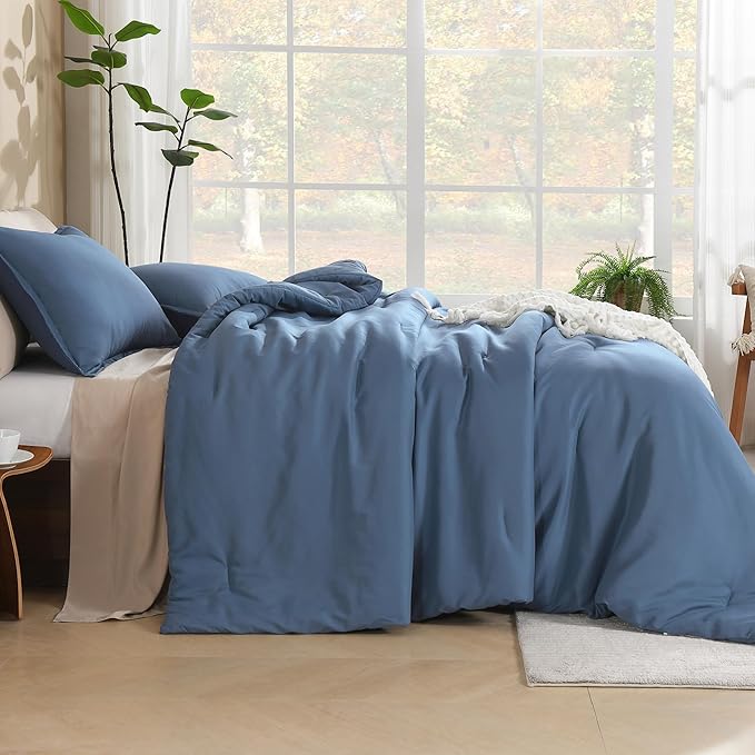 Litanika Comforter Set, Lightweight Solid Bedding Comforter Set, Fluffy Down Alternative Bed Set, Haze Blue, Oversized Queen