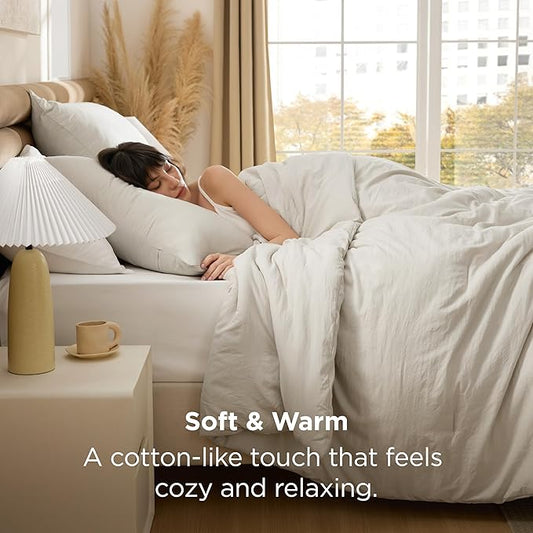 Bedsure Full Size Comforter Set, Beige Soft Prewashed Bedding for All Seasons, 3 Pieces GentleSoft™ Warm Down Alternative Bed Set, 1 Lightweight Comforter (82"x86") and 2 Pillowcases (20"x26")