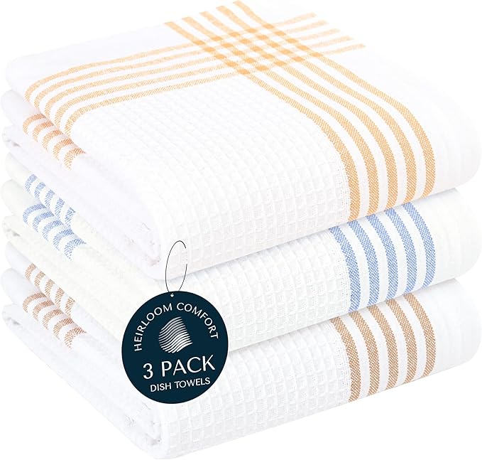 Multi White Waffle Kitchen Towels 3 Pack, 100% Cotton, 16x26 Inch, Ultra Absorbent, Fast Dry Dish Towels, Reusable Dishcloths for Drying, Cleaning, Mustard Yellow, Sky Blue, Brown