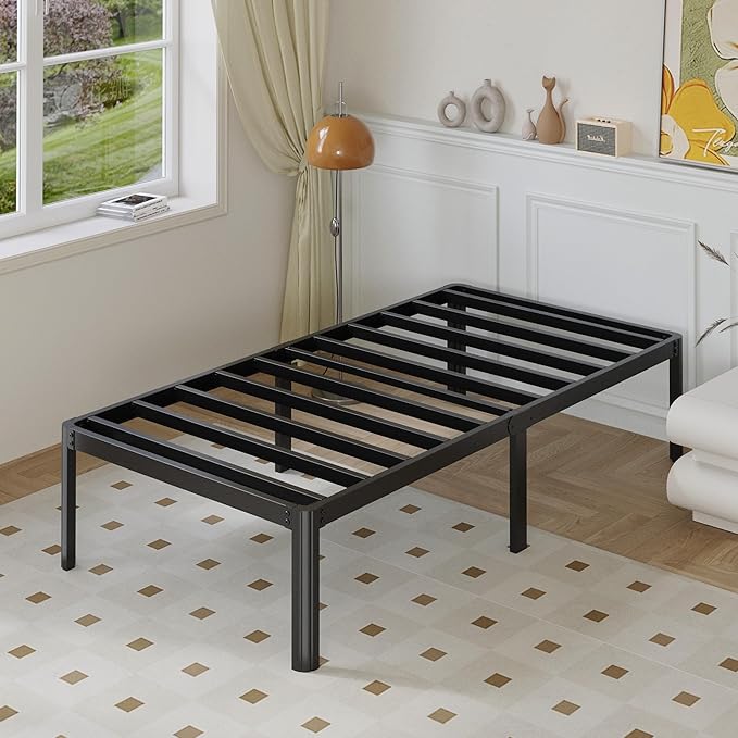 14 Inch Twin Bed Frames Rounded Corner Legs Heavy Duty Platform Twin Metal Bed Frame for Kids, Easy Assembly, Noise Free, No Box Spring Needed, Black.