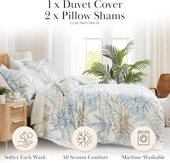 Southshore Fine Living, Inc. Tropical Print Duvet Cover Set, Twin/XL – Premium Microfiber Bedding, Easy Care – Includes 1 Twin Duvet Cover and 1 Sham, Machine Washable, Tropic Leaf Blue