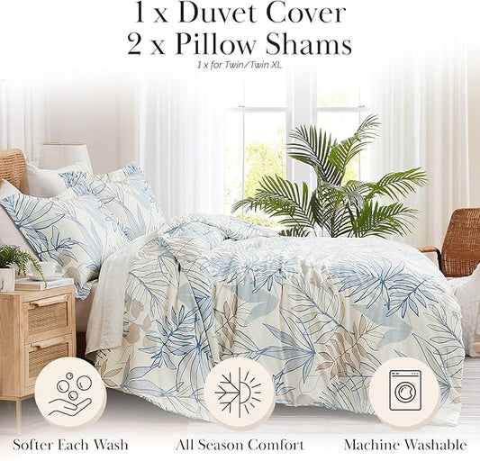 Southshore Fine Living, Inc. Tropical Print Duvet Cover Set, Twin/XL – Premium Microfiber Bedding, Easy Care – Includes 1 Twin Duvet Cover and 1 Sham, Machine Washable, Tropic Leaf Blue
