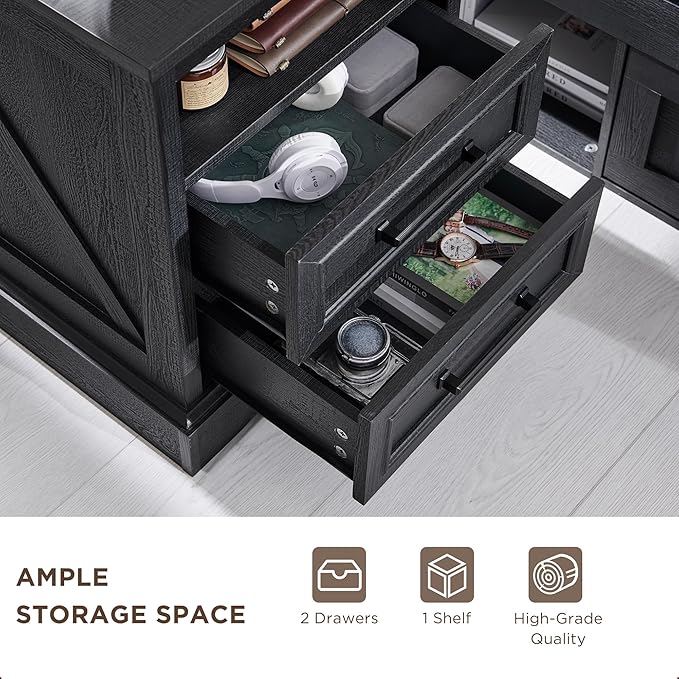 ACCOHOHO 18" Farmhouse Nightstand with Charging Station,End Table with 2 Drawers Storage,Side Table,Bedside Cabinet for Bedroom,Living Room,Black