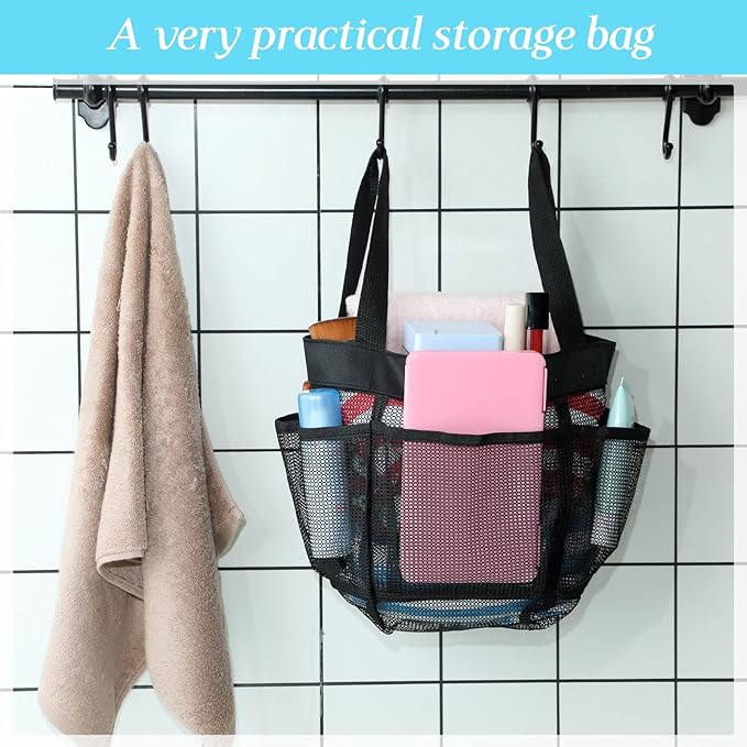 Hillban 4 Pcs Mesh Shower Caddy Portable Large Quick Dry Shower Caddy Basket with Deeper 8 Pockets and 2 Handles Hanging Bag for College Dorm Room(Black)