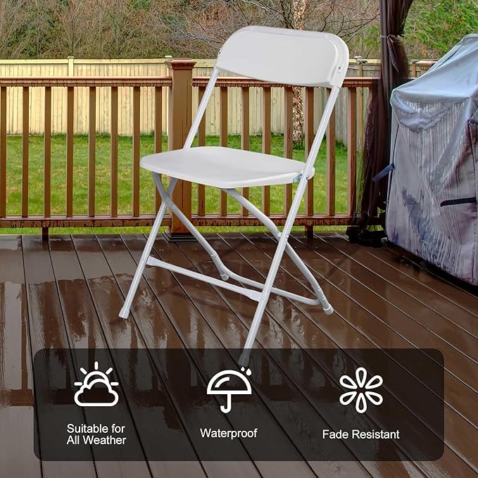 10 Pack White Plastic Folding Chairs with 350-LBS Capacity, Portable Indoor Outdoor Chairs, Stackable Commercial Seat with Steel Frame for Office, Party, Events, Wedding, Kitchen